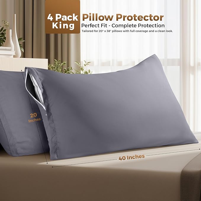 Utopia Bedding 4 Pack Pillow Protectors with Zipper King Size, Soft Brushed Microfiber Fabric Pillow Cases, Shrinkage and Fade Resistant Pillow Covers (Grey)
