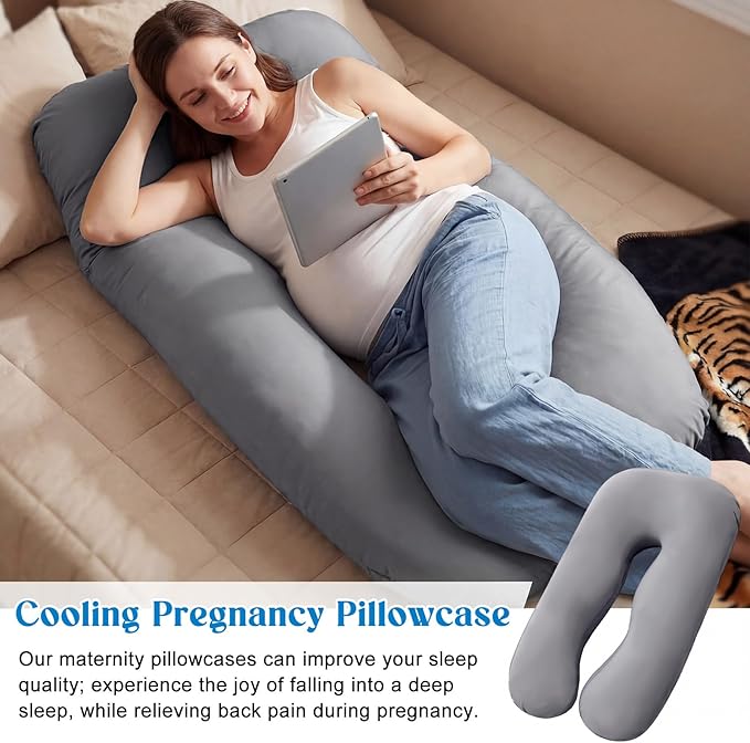 Hahafelt Cooling Pregnancy Pillow Cover (Only Pillowcase) 57 Inch Large U Shaped Full Body Pillowcase Maternity Stretchy Soft Breathable Cool Pillow Cover with Zipper for Side Sleeper (Dark Gray)