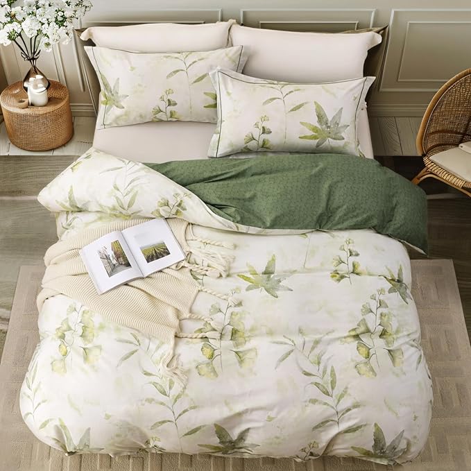 OAITE Duvet Cover Set Queen Size Floral Pattern 500 Thread Count Ultra Soft 100% Cotton Duvet Cover Sets 3-PC, Breathable Duvet Cover with Zipper Closure & Corner Ties