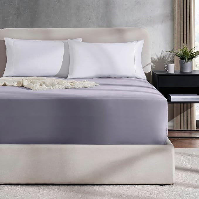 Nestl 4 Pack Dusty Purple Fitted Sheet Extra Deep Pocket, Hotel Luxury Cal King Fitted Sheet Only Easily Fits 18 to 24 Inch Mattress, Super Soft, Wrinkle-Free and Breathable with Corner Straps