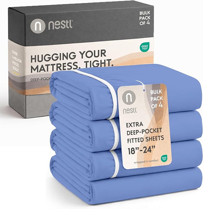 Nestl 4 Pack Calm Blue Fitted Sheet Extra Deep Pocket, Hotel Luxury KingFitted Sheet Only Easily Fits 18 to 24 Inch Mattress, Super Soft, Wrinkle-Free and Breathable with Corner Straps
