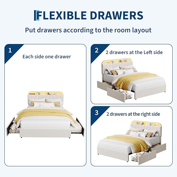 GarveeHome Queen Bed Frame with Storage Headboard, Kids Bed Frame with 2 Drawers, Velvet Upholstered Platform Bed Frame with Lights, No Box Spring Needed, Easy Assembly, Velvet White