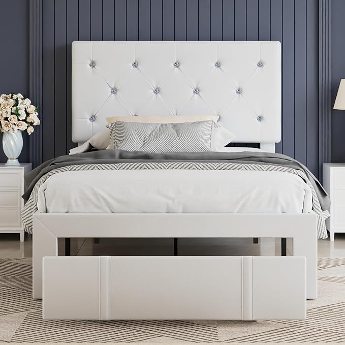 VECELO Twin Size Bed Frame with Storage Drawers, Leather Upholstered with Diamond Tufted Headboard, Solid Wood Slat Support, No Box Spring Needed, PU & White