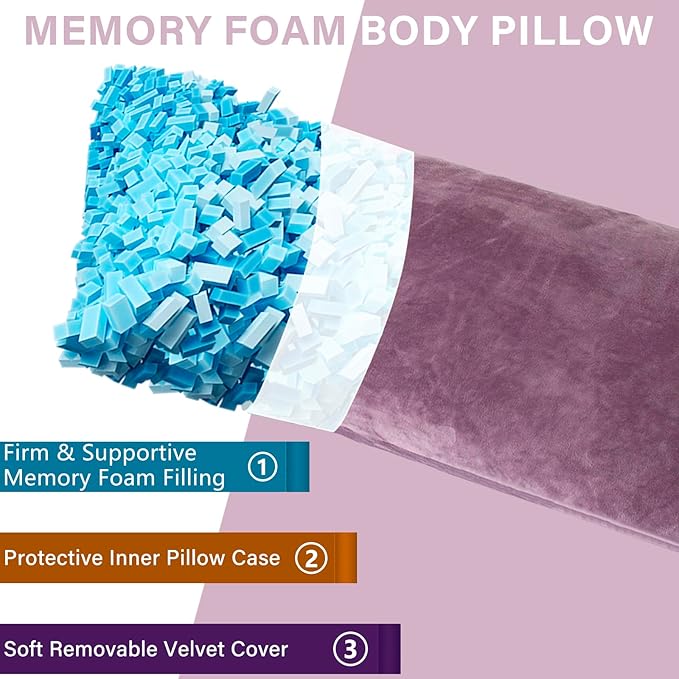 1 MIDDLE ONE Body Pillow, Memory Foam Body Pillows for Adults Sleeping, Long Pillow for Bed, Big Large Firm Full Body Pillow for Side Sleeper, 20x54 Inch, Dark Purple