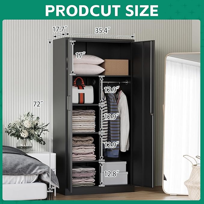 Letaya Metal Storage Cabinets Locker with Lock Door, 72'' Clothing Coat Steel Storage Freestanding Wardrobe for Office, Home, School, Employee,Gym,Fire Department (Black)
