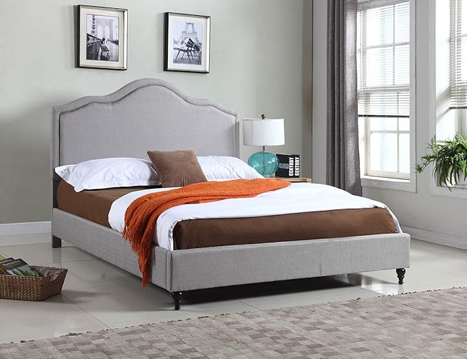 HomeLife Cloth Light Grey Silver Linen 51" Tall Headboard Platform Bed with Slats Queen - Complete Bed 5 Year Warranty Included 009