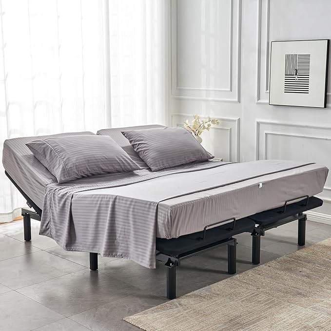 Kingnex Striped 32-34 Split Top King Sheets Sets for Adjustable Bed with Strap Soft Brushed 1800 Microfiber 4 Pieces Flex Head King Bedding Set Grey