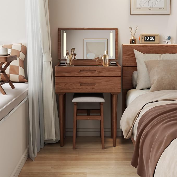 Muwuele Solid Wood Small Vanity Desk with Mirror and Lights, Narrow Makeup Vanity for Small Space, Flip Top Vanity Side Table, 3 Color Modes & Adjustable Brightness, 23.6" Slim Dressing Table, Walnut