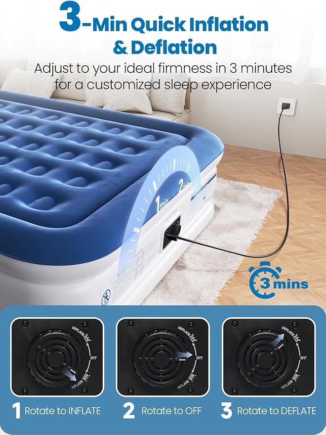 CHERIMOR Queen Air Mattress with Built-in Pump, 18" Raised Comfort, 48Hr Leak-Proof Test, Upgraded Honeycomb Pillar Design, Supports 800 lbs, 3-Min Inflation-Inflatable Bed for Home Guests-Blue