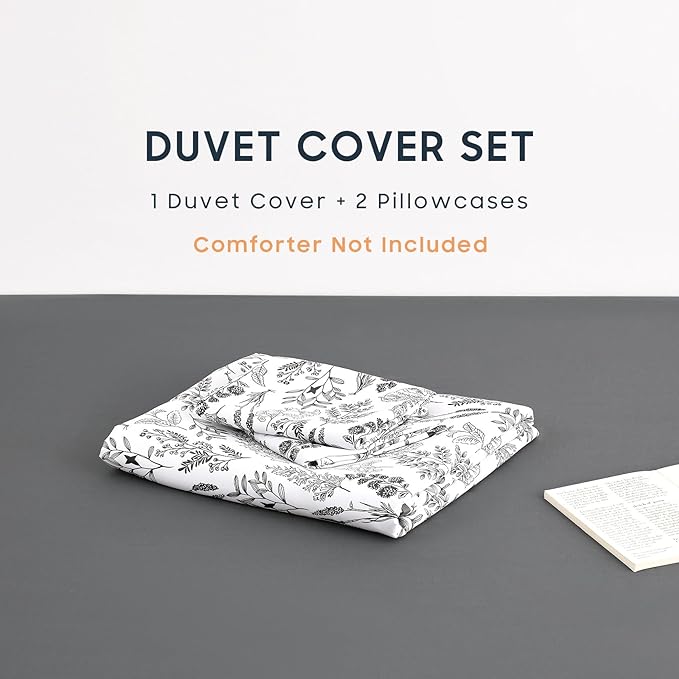 Wake In Cloud - Floral Duvet Cover Set, Botanical Vintage Flower Coquette Cottagecore Aesthetic for Women Teen Girls, Soft Lightweight Bedding, 3-Piece, Charcoal, Full Size