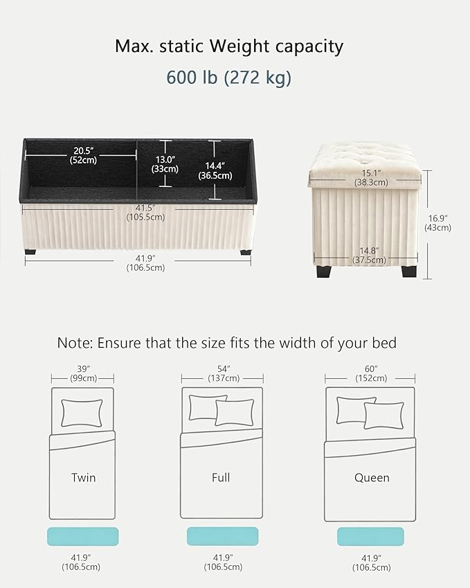 LITZFUR Storage Ottoman Bench, 43 Inch Foldable Ottoman with Legs, Velvet Foot Rest Stool, End of Bed Bench, Storage Chest for Living Room, Bedroom (Beige)