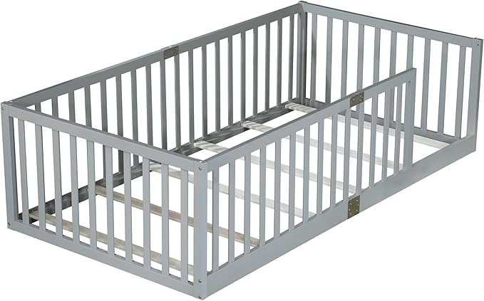 Bellemave Twin Size Montessori Floor Bed with 21.5" High Rails, Rubber Wood Twin Floor Bed with Slats, Gray