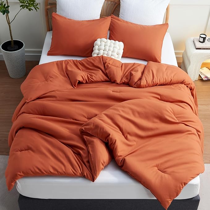CozyLux Oversized King Comforter Set Terracotta, 3 Pieces 120x98 Solid Breathable Quilted Bedding Sets, Burnt Orange Luxury Soft Lightweight Bed Set with Down Alternative Comforter and 2 Pillowcases