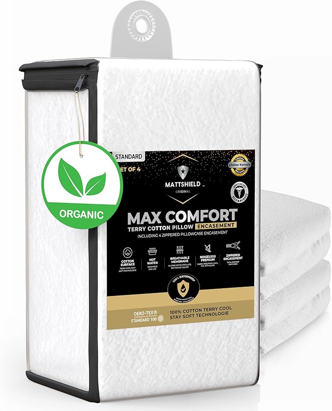 4-Pack MATTSHIELD Max Comfort Pillow Protectors, Standard — Zippered, 100% Waterproof, Organic Cotton Terry Surface, Quiet & Breathable Pillowcase Covers
