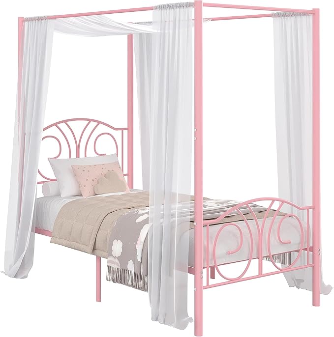 VECELO Metal Canopy Bed Frame Twin Size, 4 Posters Platform Mattress Foundation with Headboard, Heavy Duty Steel Slats Support, No Box Spring Needed, Pink