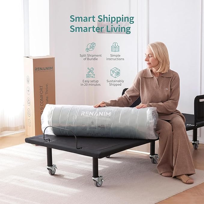 Split King Adjustable Bed Frame with Side Rails for Elderly Adults - with Mattress - 6" Convoluted Mattress, Wireless Remote, Under-Bed Light, USB Ports, Brake Wheel Legs Zero Gravity Electric Bed