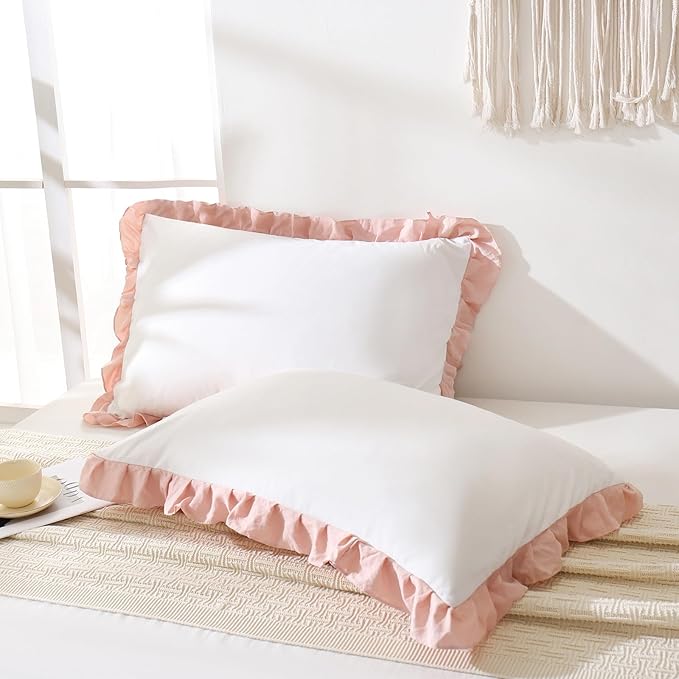 Merryword Pink Pillow Shams White and Pink Reversible Standard Pillowcases Cute Pillow Cover Set of 2 Soft Shabby Chic Ruffled Pillowcases 2 Pack (Queen (20''x30''), White Pink)