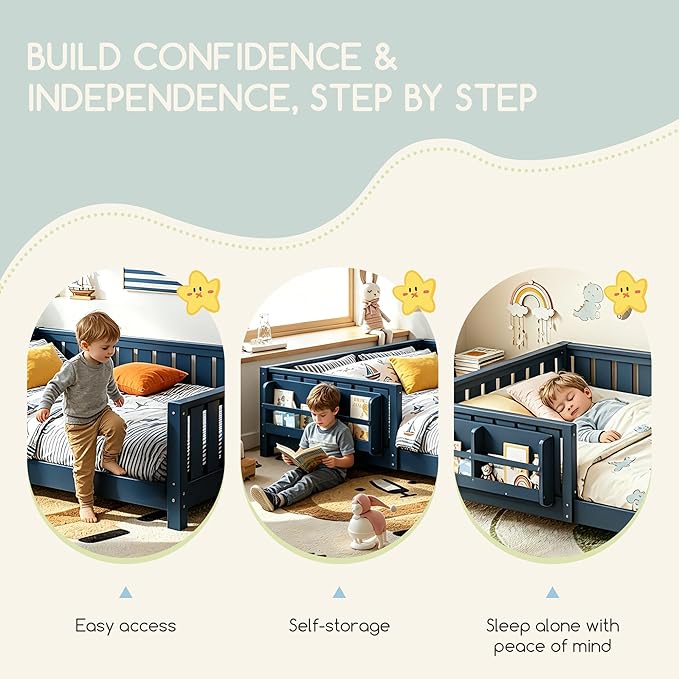 Bellemave Full Size Floor Bed Frame with Fence & Bookshelf, Solid Pinewood Montessori Floor Bed Full with Slats Load 550LBS, Low Profile Floor Bed for Kids, Bedroom, Nursery, Easy Assembly, Blue