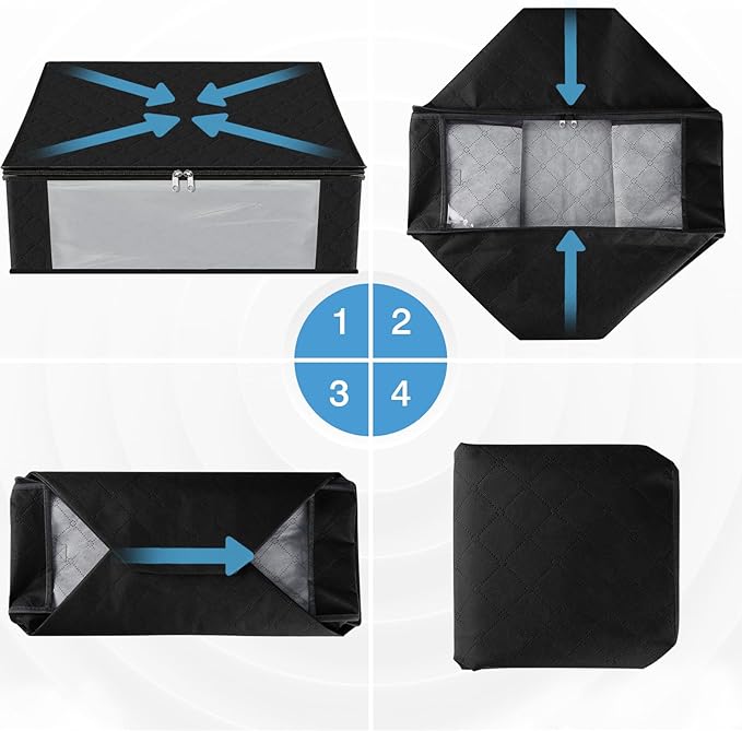 HomeHacks 6-Pack Clothes Organizer Storage Bags Foldable Storage Box with Large Clear Window Sturdy Handles for Closet, Dorm, Pillows, Bedding, Clothes, Stuffed Toys, Blankets, 35L, Black