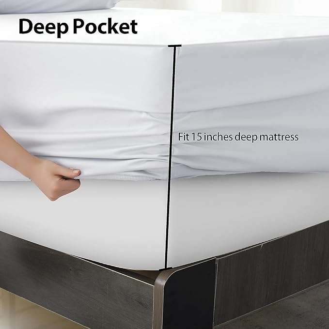 2-Pack Pure Cotton Fitted Sheet Queen Size, 600 Thread Count 16" Deep Pocket Egyptian Cotton Fitted Sheet (2pcs, Queen, White)