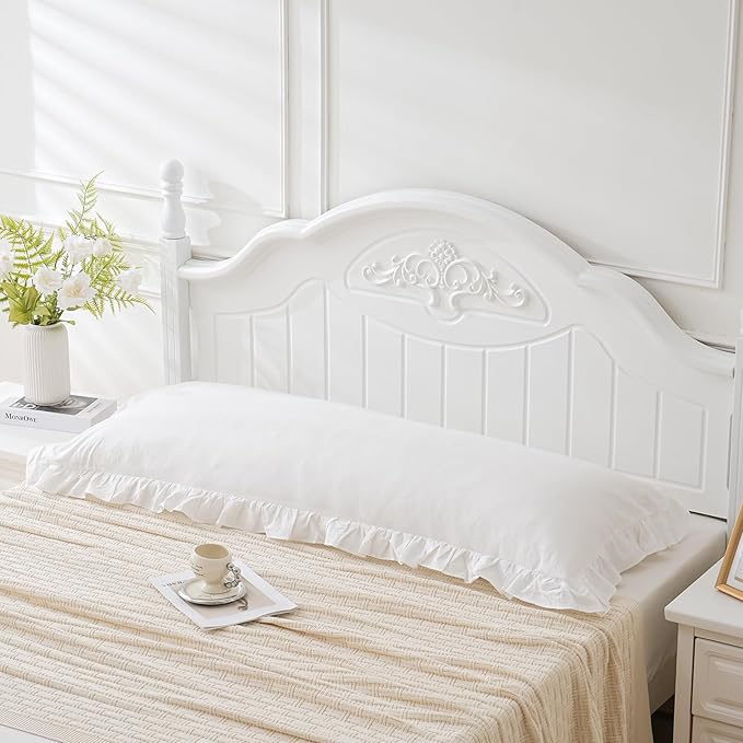 Off White Ruffled Body Pillow Cover 1 Piece Washed Cotton Farmhouse Shabby Long Body Pillow Sham 20"x54" White