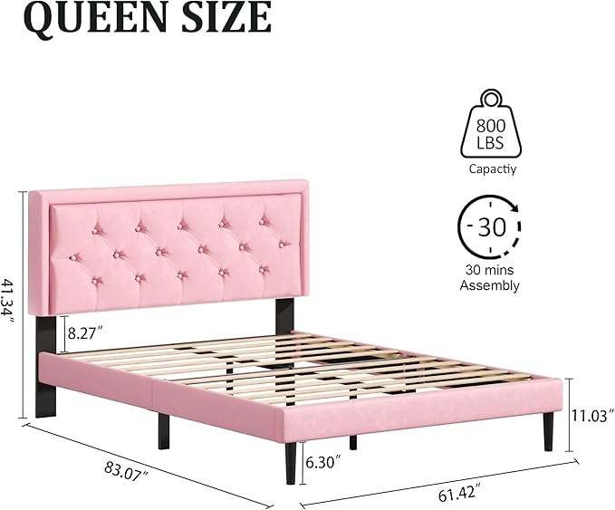 CXVX Queen Size Platform Bed Frame with Upholstered Velvet Button Tufted Headboard, Mattress Foundation with Wooden Slat Support, No Box Spring Needed, Easy Assembly, Noise Free, Pink