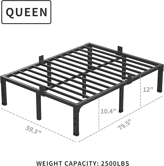 MAF 12 Inch Queen Bed Frames with Mattress Slide Stopper Black Heavy Duty Metal Platform Bed Frame Steel Slat Support, No Box Spring Needed, Noise Free, Easy Assembly