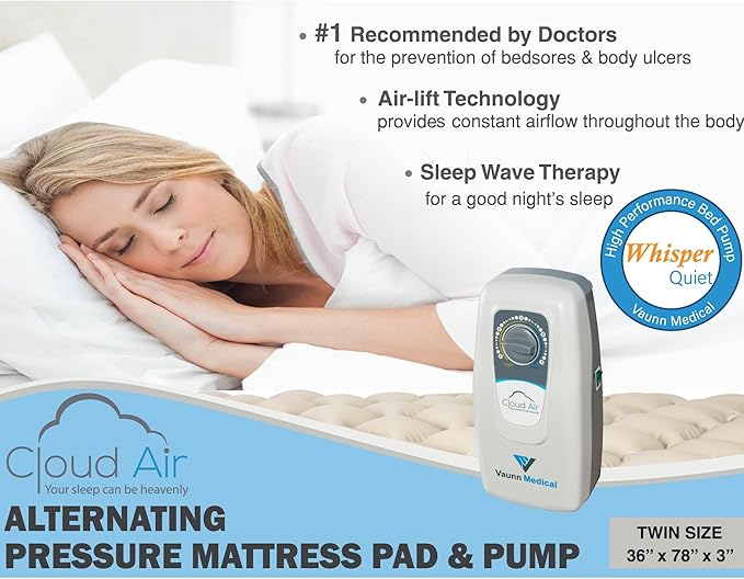 Vaunn Medical Cloud Air Whisper Quiet Alternating Air Pressure Mattress Topper with Pump Twin Size 36" x 78" x 3"