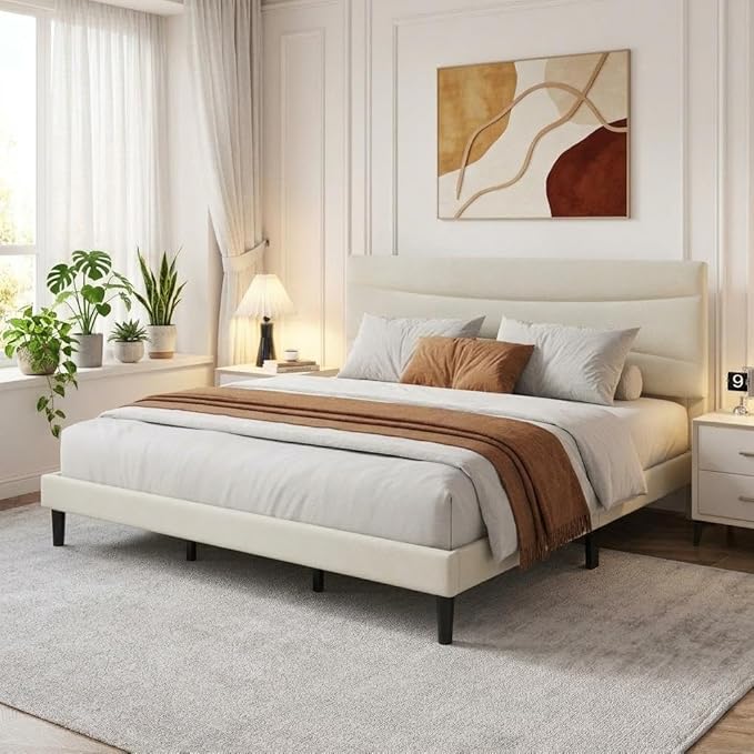 IDEALHOUSE King Size Upholstered Platform Bed Frame with Ergonomic Headboard, Beige Soft Fabric, Heavy Duty Wooden Slats, Noise-Free, 6.3" Underbed Storage, No Box Spring Needed, Easy Assembly