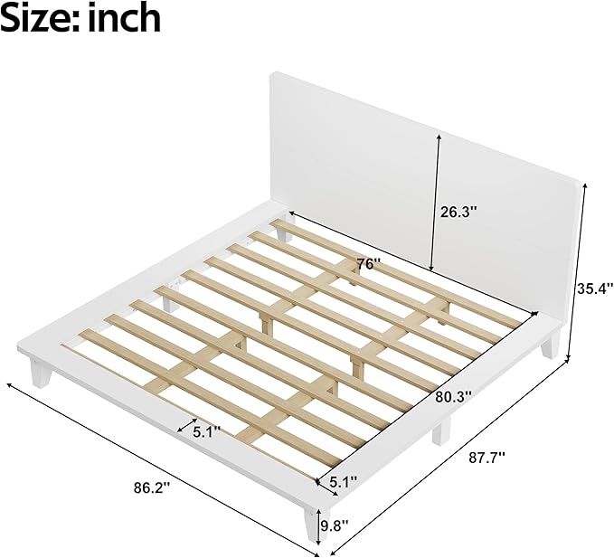 Mid-Century King Size Wooden Bed Frames, Pine Wood Japanese Low Platform Bed with White Headboard, 7 inch Low Under Bed Storage, 800 lbs Capacity, No Box Springs Required (White, King, 35.4" H)