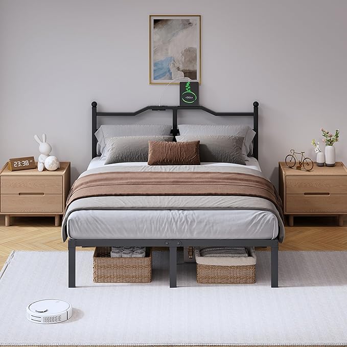SHOANED Bed Frame with Charging Station - 14 Inch Queen Size Heavy Duty Metal Bedframe with Headboard Black Basic Steel Slats Platform No Box Spring Needed