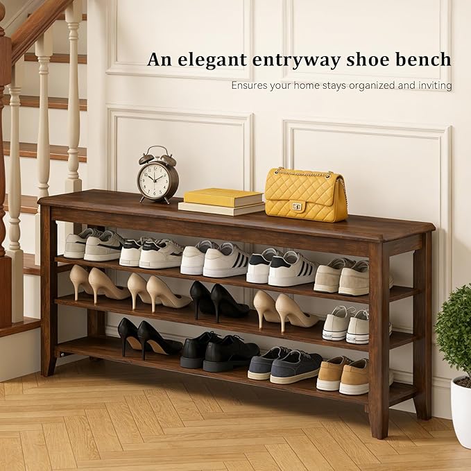 Taitiy Shoe Rack Bench with Rubberwood Flat Top and 3 Adjustable Shelves – Wooden Shoe Rack for Entryway, Hallway, Mudroom, Front Door, or Small Spaces