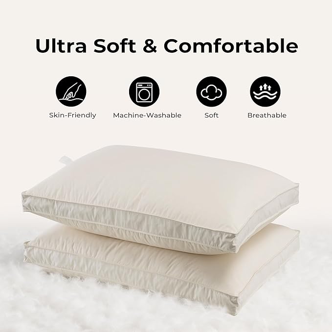 UNIKOME White Goose Down Feather Gusseted Pillows - 100% Organic Cotton Cover - King Size Pillow Set of 2, Made in Japan Pillow for Sleeping