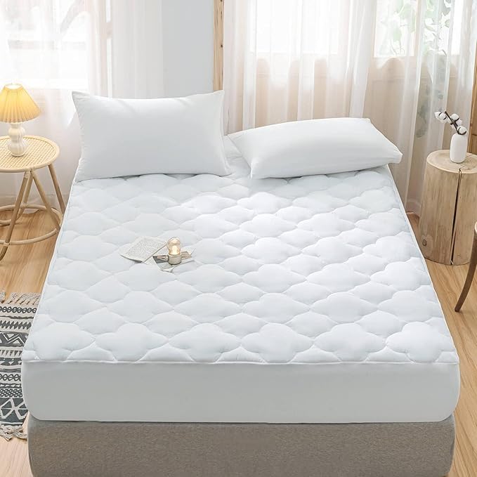 WhatsBedding Waterproof Mattress Pad Full Size Cotton Top Down Alternative Filling Pillowtop Mattress Topper Cover-Fitted Quilted White(Waterproof Full Mattress Pad)