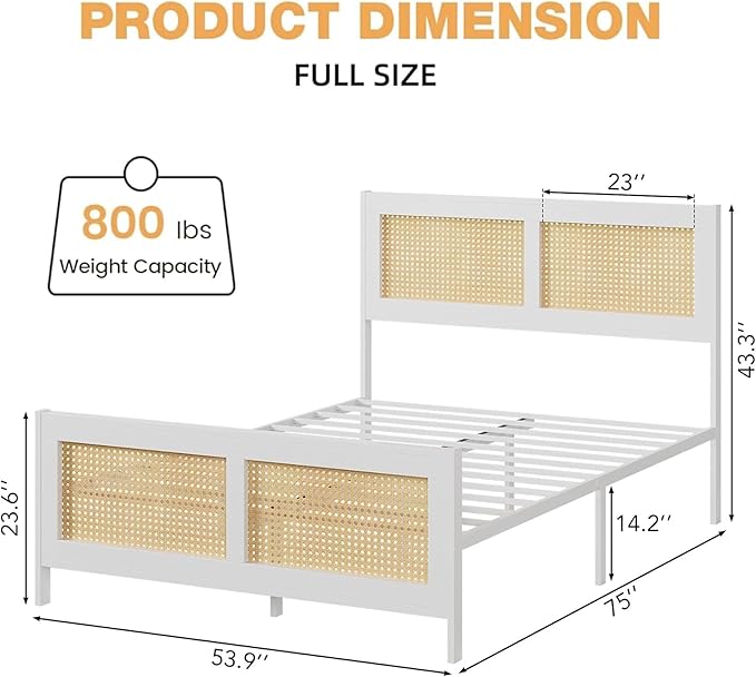 IDEALHOUSE Rattan Bed Frame with Headboard, Boho Full Size Bed Frame with Strong Metal Slats Support, No Box Spring Needed, Noise-Free Design, White