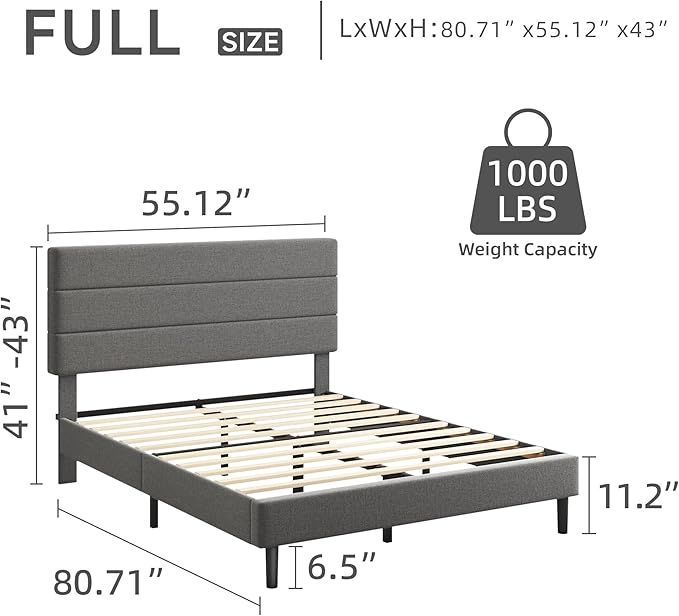 Full Platform Bed Frame with Adjustable Linen Fabric Upholstered Headboard, Strong Slats Support, Noise-Free, No Box Spring Required, Easy Assembly for Bedroom Guest Room, Grey