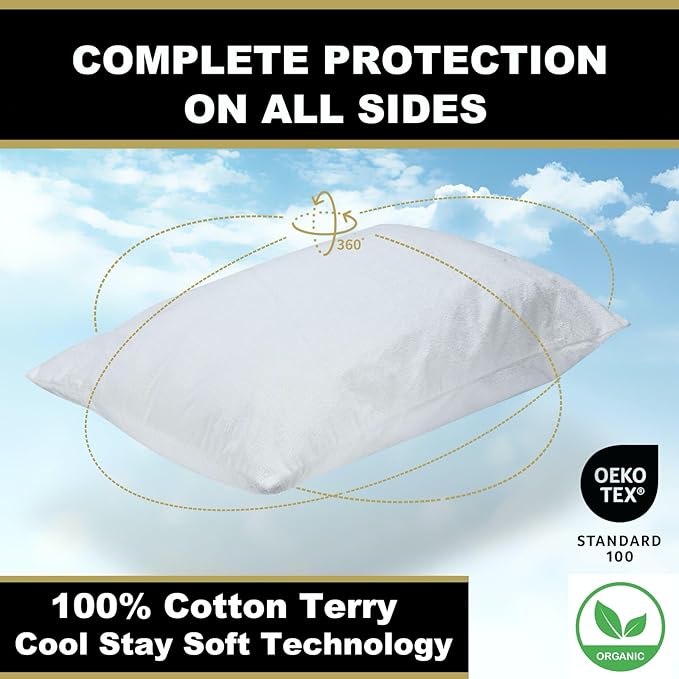 4-Pack MATTSHIELD Max Comfort Pillow Protectors, King — Zippered, 100% Waterproof, Organic Cotton Terry Surface, Quiet & Breathable Pillowcase Covers