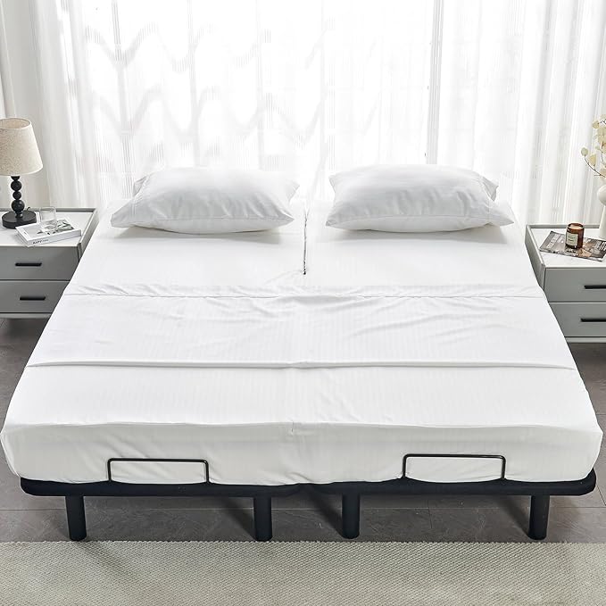 Kingnex Striped 32-34 Split Top King Sheets Sets for Adjustable Bed with Strap Soft Double Brushed 1800 Microfiber 4 Pcs Bedding Set White