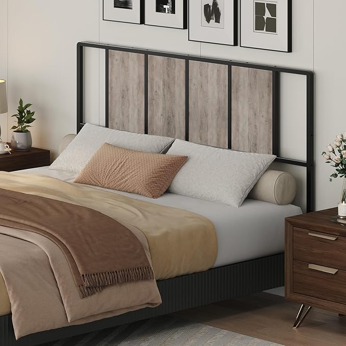 MAHANCRIS Queen Size Headboard Only, Metal Headboard with Adapters, Minimalist Industrial Style for Queen Size Beds, Greige