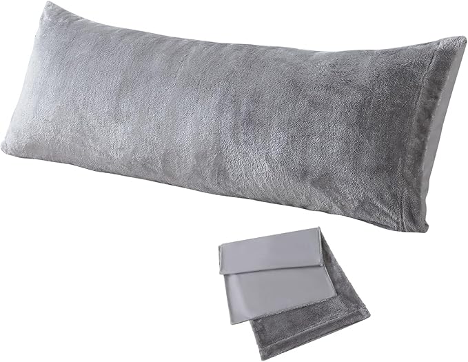 Whatsbedding Sherpa Body Pillow Cover, Ultra Soft Faux Fur Body Pillowcase, Luxury Shaggy Plush Long Pillowcase, Envelope Closure - Grey (20x54 inch)