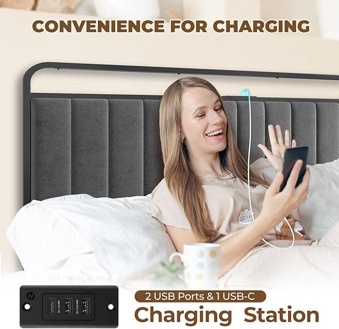 Rolanstar Queen Size Bed Frame with LED Light and Charging Station, Upholstered Headboard and Footboard, Metal Slat, Noise Free, Easy Assembly, Dark Gray
