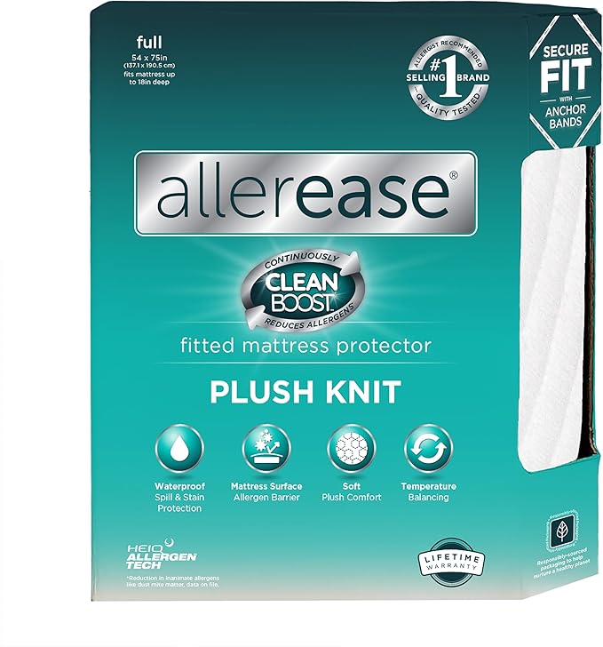AllerEase CleanBoost Plush Knit Mattress Protector Waterproof Particle Barrier Temperature Balancing Soft Plush Comfort Machine Washable Fitted Cover with Elastic Anchor Bands Mattress Cover, Full