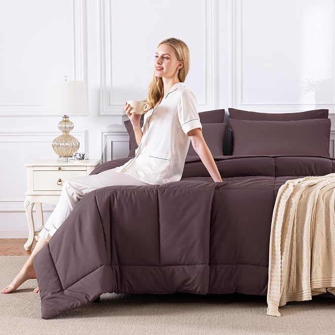 CozyLux King Size Comforter Set Cocoa Powder, 7 Pieces Bed in a Bag, Brown Comforter King Size, All Season Bedding Sets with Stitch Quilted Comforter, Flat Sheet, Fitted Sheet, Pillowcases