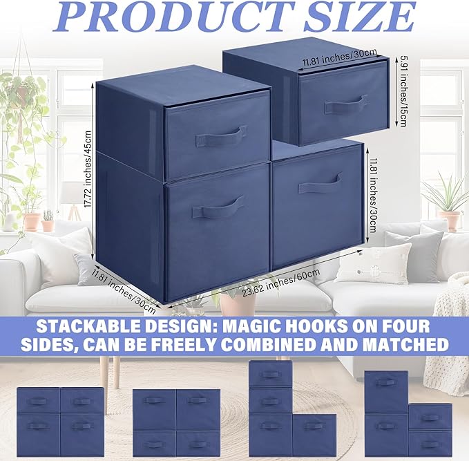 Weysat 4 Cube Stackable Under Dorm Bed Storage Container Foldable Closet Drawer Organizer Fabric Storage Cube Bins for Dorm Essentials College Closet Bedroom Living Room Nursery(Navy Blue,17.72 Inch)