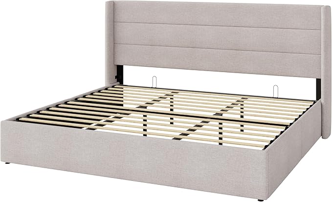 SHA CERLIN King Size Lift Up Storage Bed/Modern Wingback Headboard/Upholstered Platform Bed Frame/Hydraulic Storage/No Box Spring Needed/Wood Slats Support/Light Beige