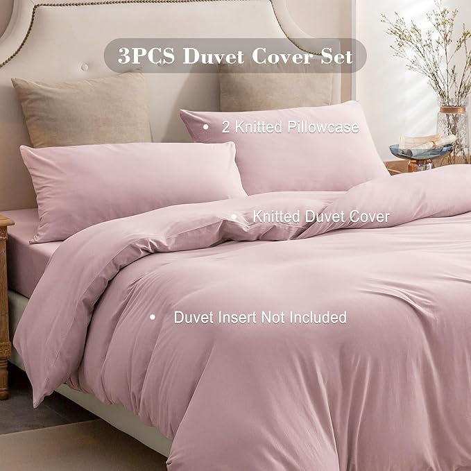 PURE ERA Jersey Knit Duvet Cover Set 100% T-Shirt Cotton Super Soft Comfy 3pc Bedding Set with Zipper Closure (Solid Light Pink,King, 104'' x 90'')