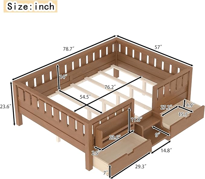 Bellemave Full Size Bed Frame with Storage Drawers & Bookshelf, Low Profile Kids Bed with Staircase & Full Length Guardrails, Solid Wood Full Size Bed Frame Kids with Slats Load 450 LBS, Oak Brown
