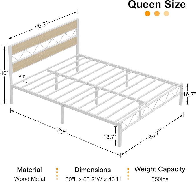 VECELO Queen Size Bed Frame with Headboard, Heavy-Duty Platform Bedframe with Metal Slats Support, No Box Spring Needed, Easy Assembly, White & Natural