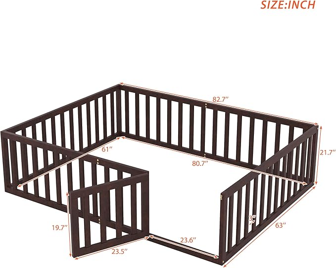 Bellemave Queen Size Montessori Floor Bed with 21.7" High Rails, Pine,Plywood Floor Bed with Small Door, Walnut