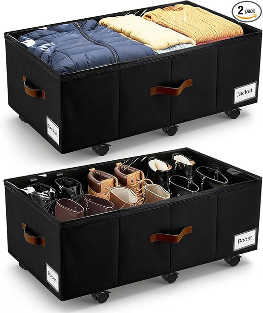 Under Bed Storage with Wheels,Underbed Storage with Sturdy Sidewalls/Bottom, Clear Cover, Label and PU Handle, Rolling Under Bed Drawers for Clothes, Shoes, 11 Inch Height,Black, 2 Pack